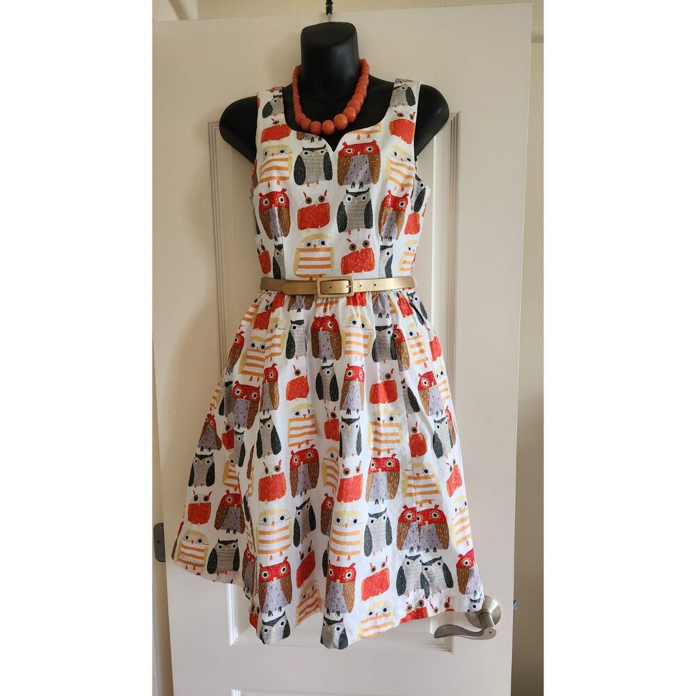 Modcloth Bea And Dot Belted Sleeveless Cotton Owl Dress Pockets Retro Size S